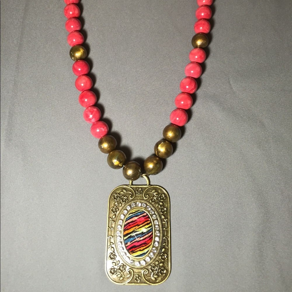 Handmade boho style. Pink necklace & large pendant